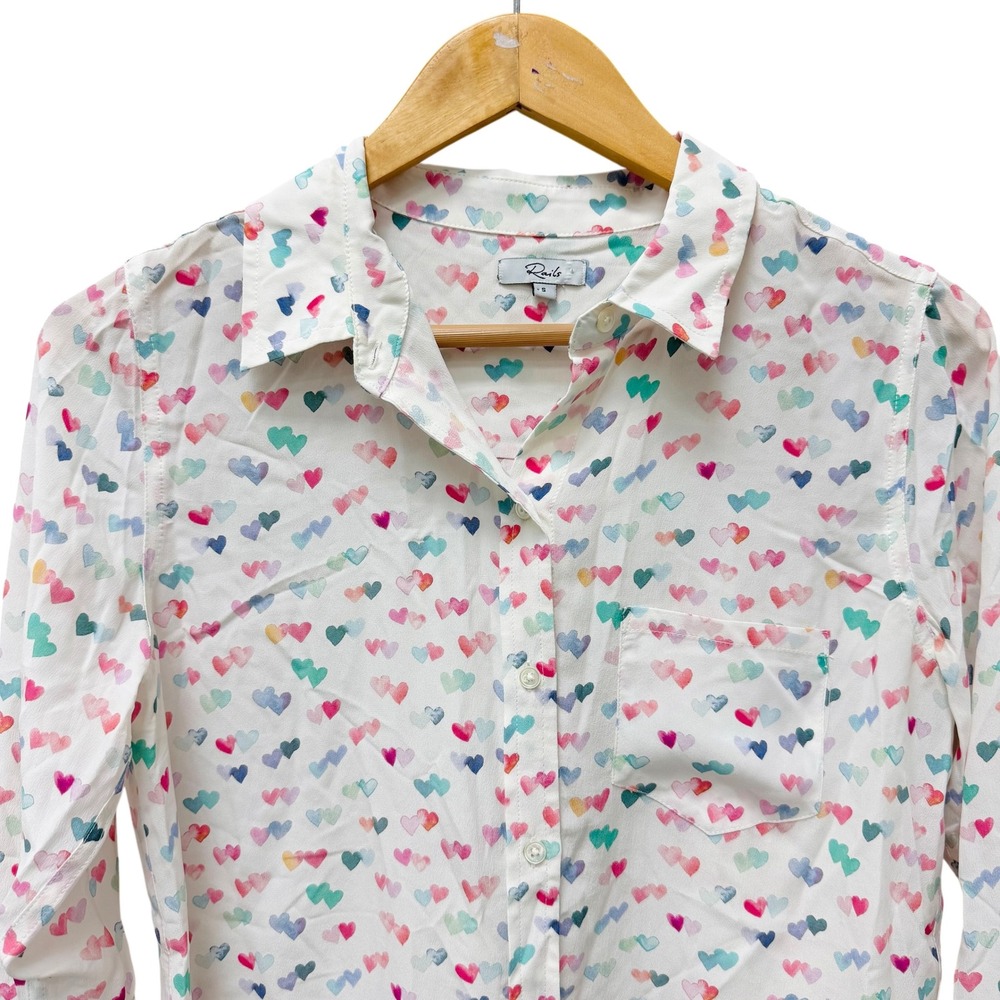 Rails Kate 100% Silk‎ Watercolor Hearts Button Down Shirt White Small - Picture 3 of 9